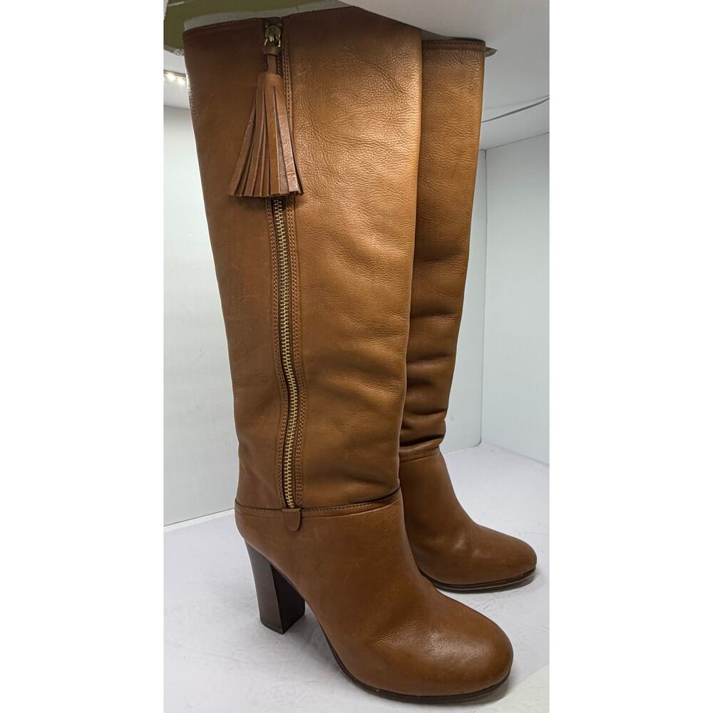 Coach Theresa Brown Riding Boots Tall 4” Heels Size 9 B Tassels Side Zipper EUC